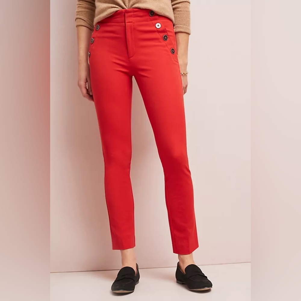 Anthropologie The Essential Slim Orange Red Button Skinny Ankle Cropped Pants